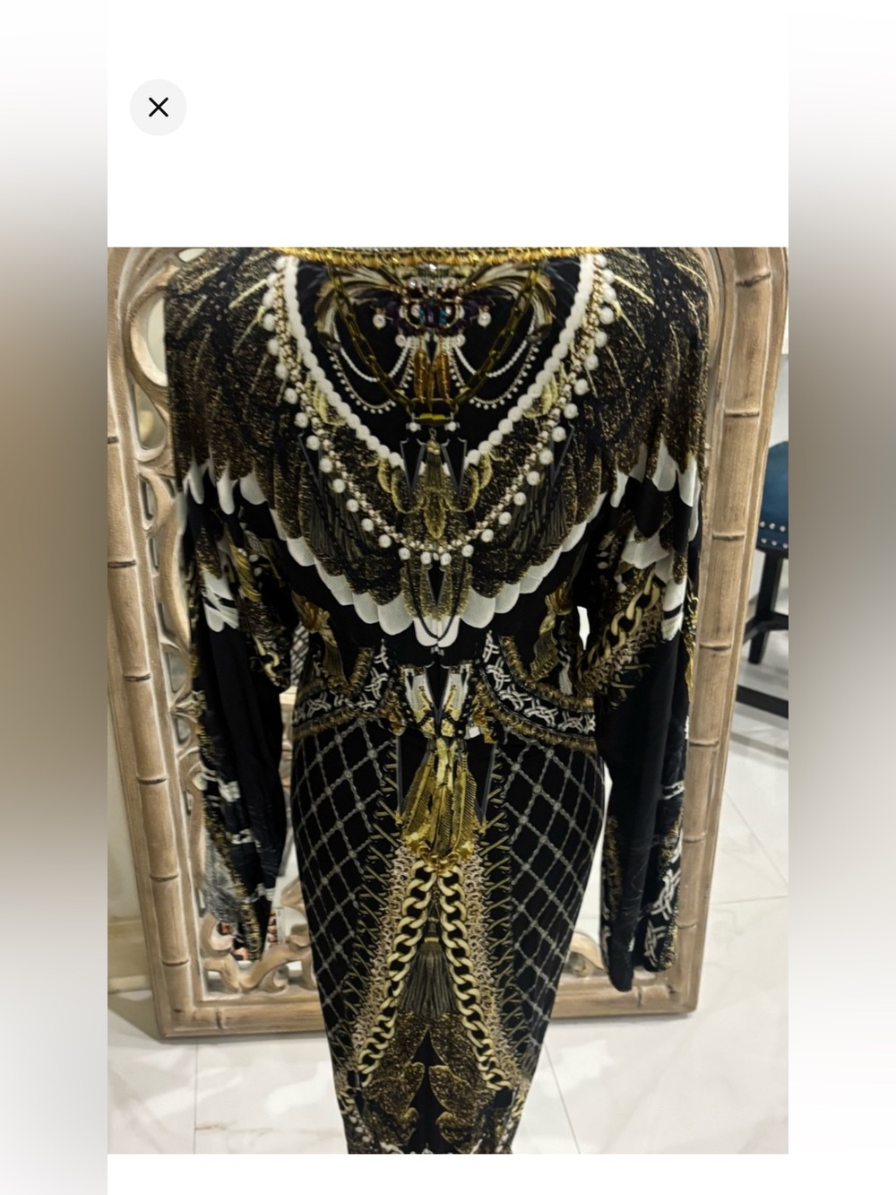 Camilla Black, Gold & White Chain-Print Twist-Front Long Sleeve Dress